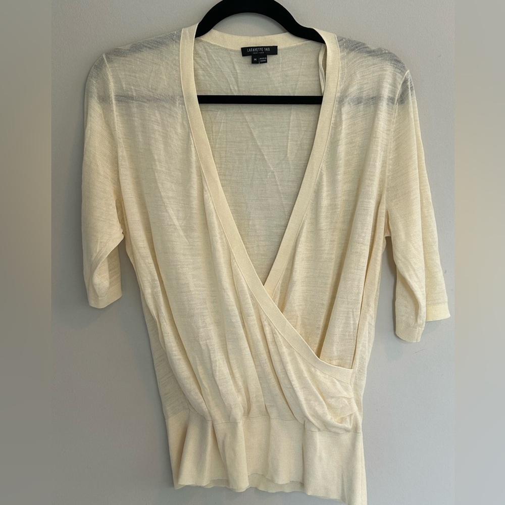 Lafayette 148 100% Silk Bitter yellow Wrap top shirt short sleeve sz M